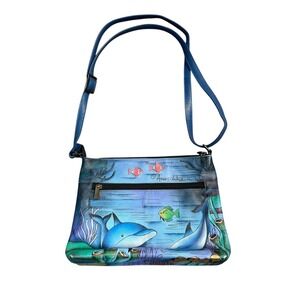 Anuschka Hand Painted Leather Crossbody Purse Blue Ocean Dolphin Tropical Bag